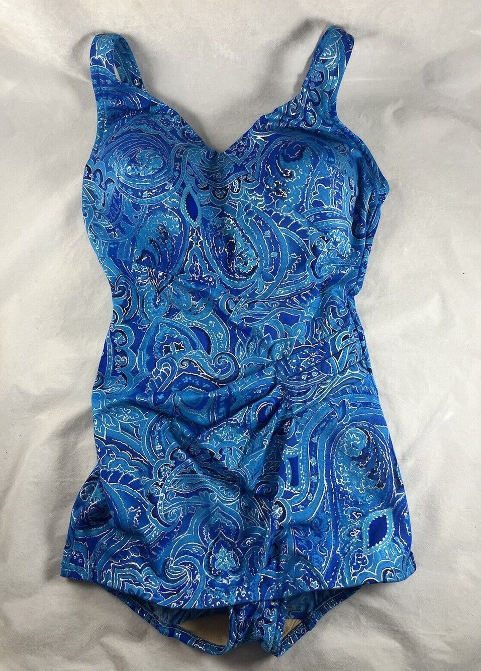 Roxanne Blue Paisley Swimsuit Metallic Accents Pin Tucked 36 D Cup Size 14